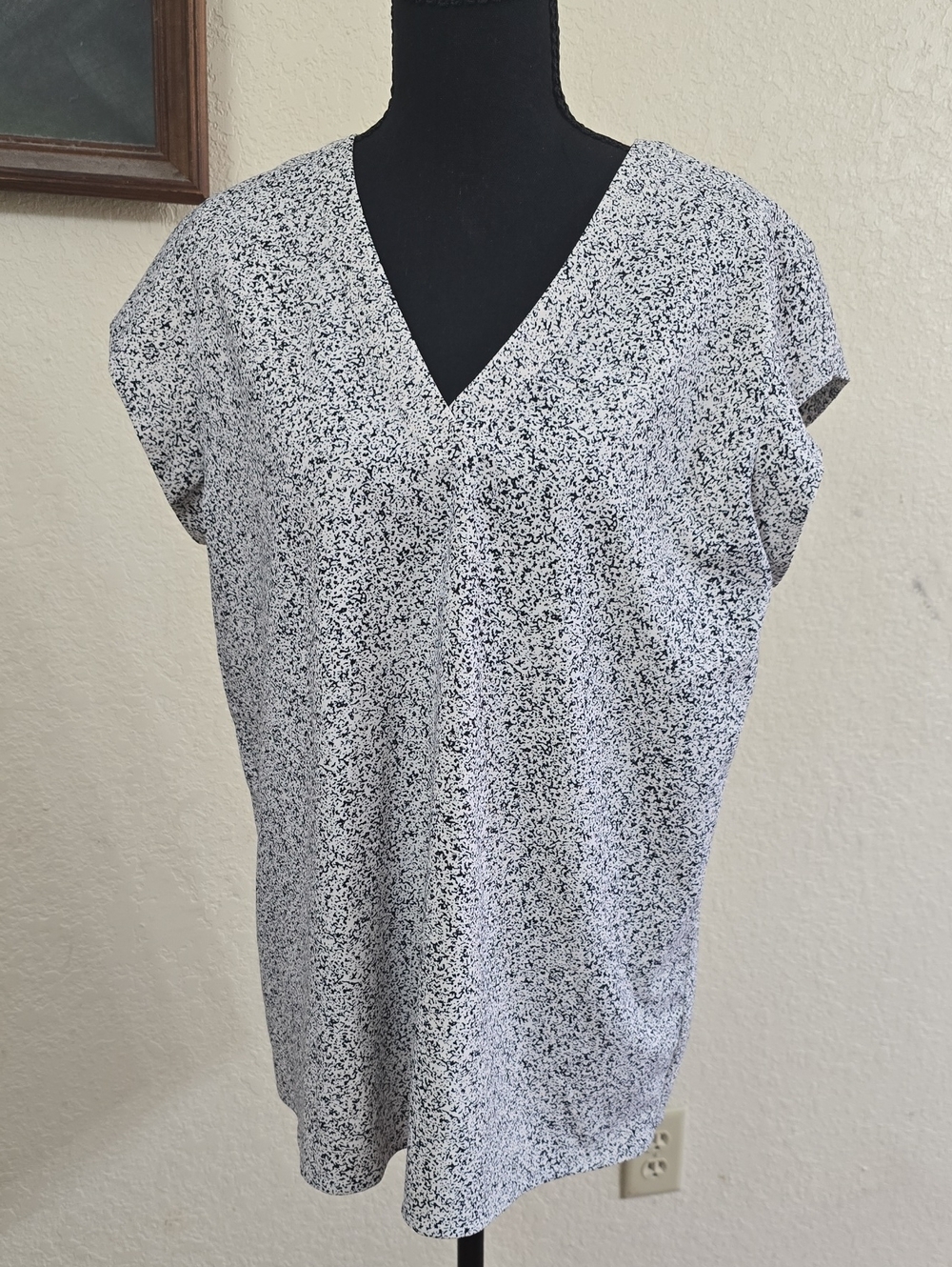 Hilary Radley Black & White Speckled V-Neck Blouse
